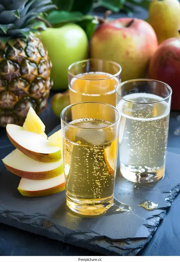 Fresh Apple Cider in Glasses with Sliced Apples and Pineapple