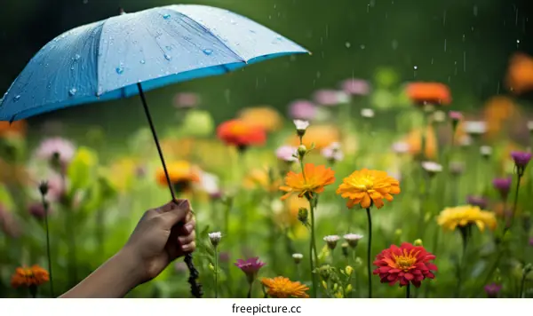 A person holding a blue umbrella in a field of flowers