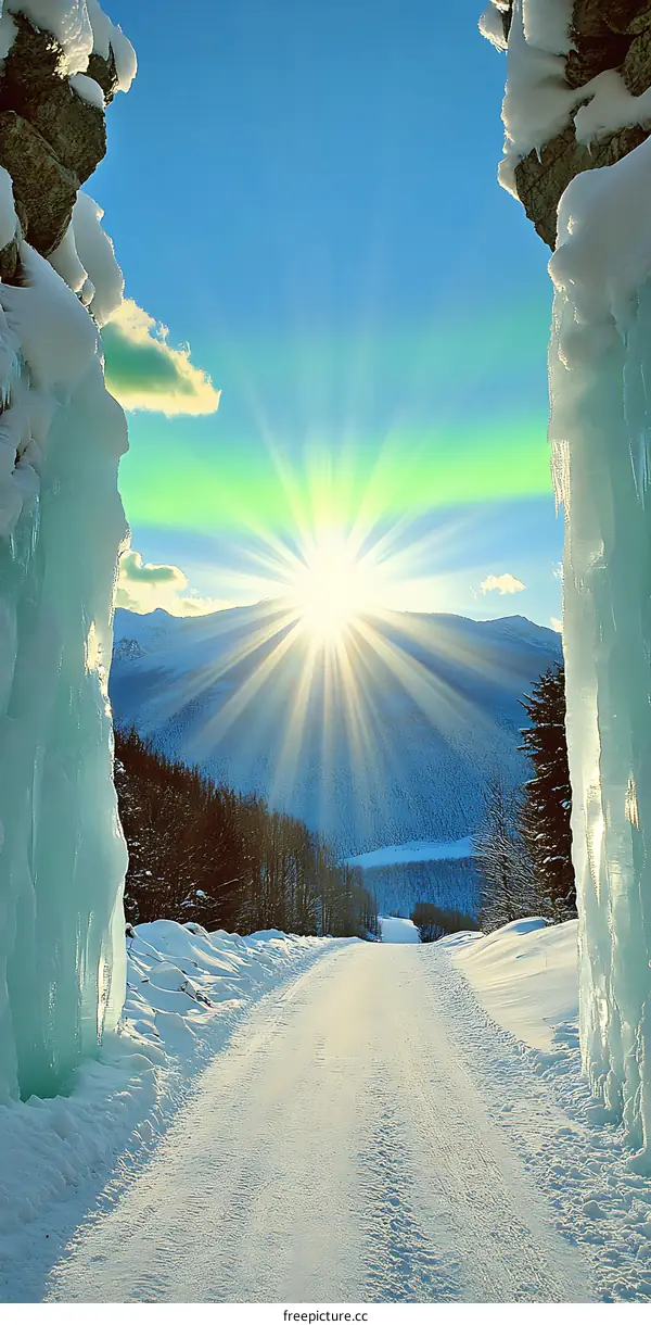 Snowy Mountain Road With Sunlight Shining Through Ice