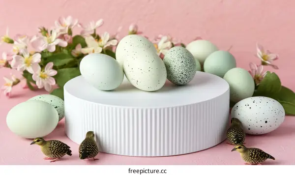 Pastel Eggs and Birds on a Pink Background