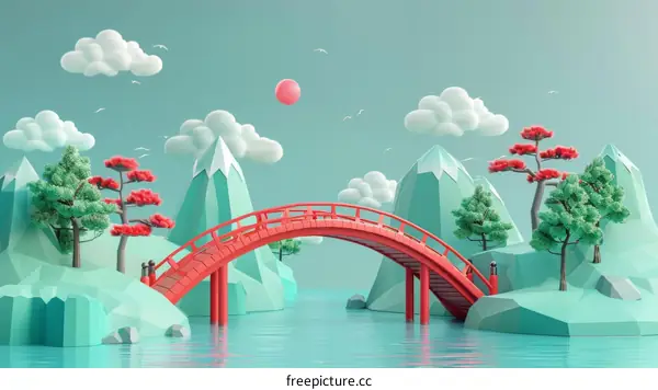 Red bridge over blue water with green mountains and trees in the background