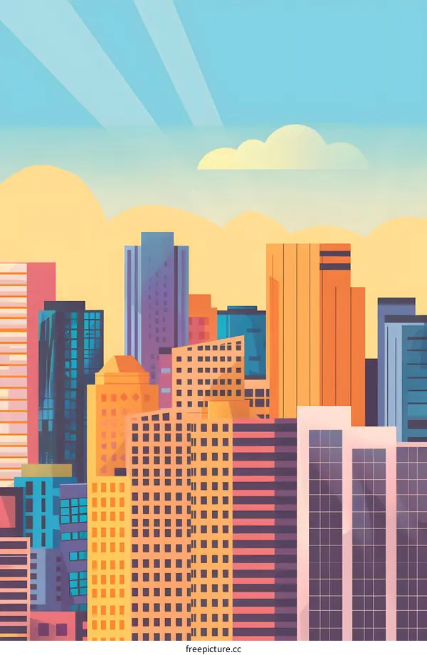 Modern Cityscape Illustration with Bright Colors and Skyscrapers