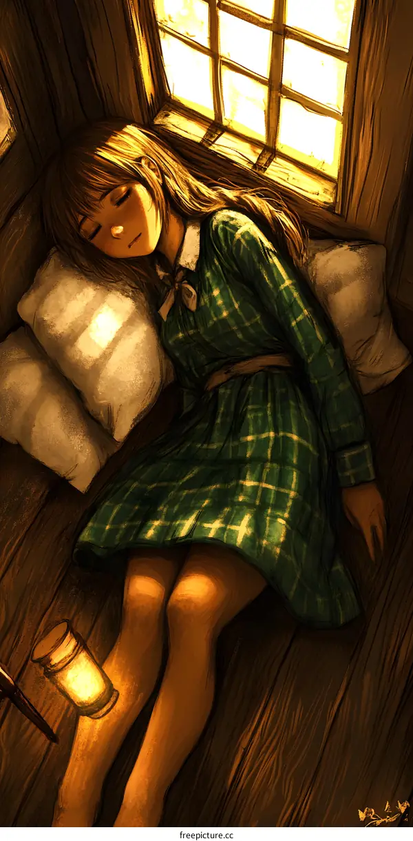 Sleeping Girl in a Window Seat Illustration