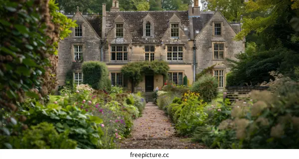 A beautiful English country house with a garden in front of it