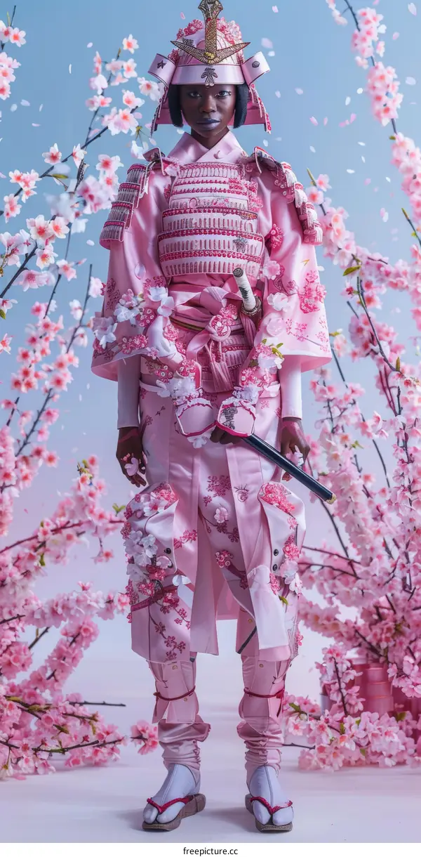 Black Samurai Warrior in Pink Armor Standing Before Cherry Blossoms