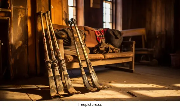 Vintage wooden snowshoes in a rustic cabin
