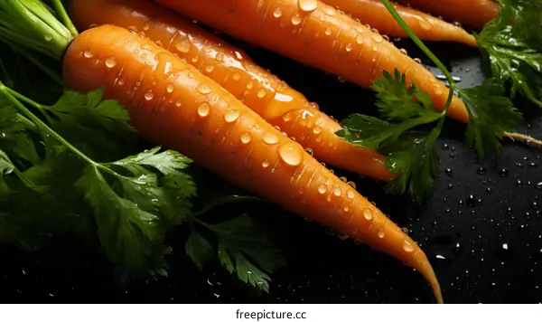Fresh Orange Carrots with Parsley on Black Background