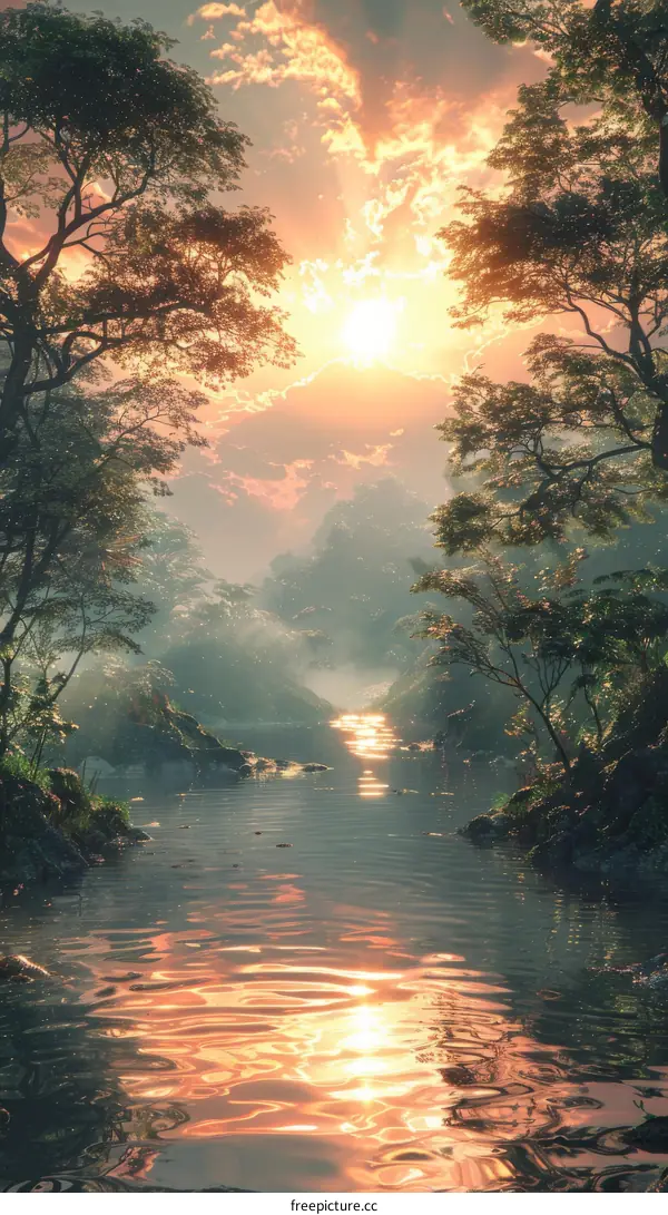 Sunbeams Through Forest Trees Reflecting on River