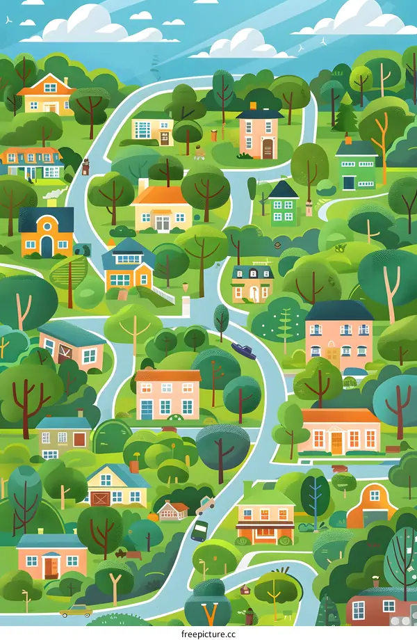 Cartoon Illustration of a Neighborhood with Houses and Trees