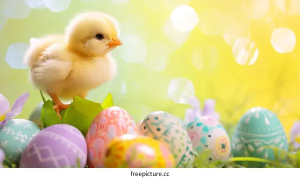 Cute Little Chick With Easter Eggs And Flowers