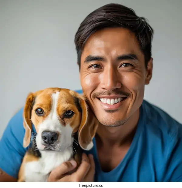 Portrait of a Smiling Asian Man with his Beagle Dog