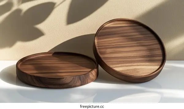 Wooden Round Trays Display Against Beige Background