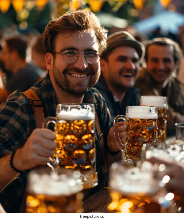 A group of friends toasting their beer mugs at Oktoberfest