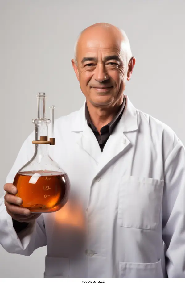 Bald scientist holding a large round bottom flask