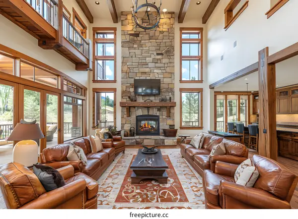 Spacious Living Room With Fireplace And Large Windows