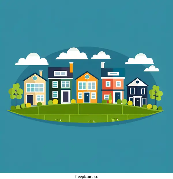 Colorful Illustration of Houses on a Hill with Clouds