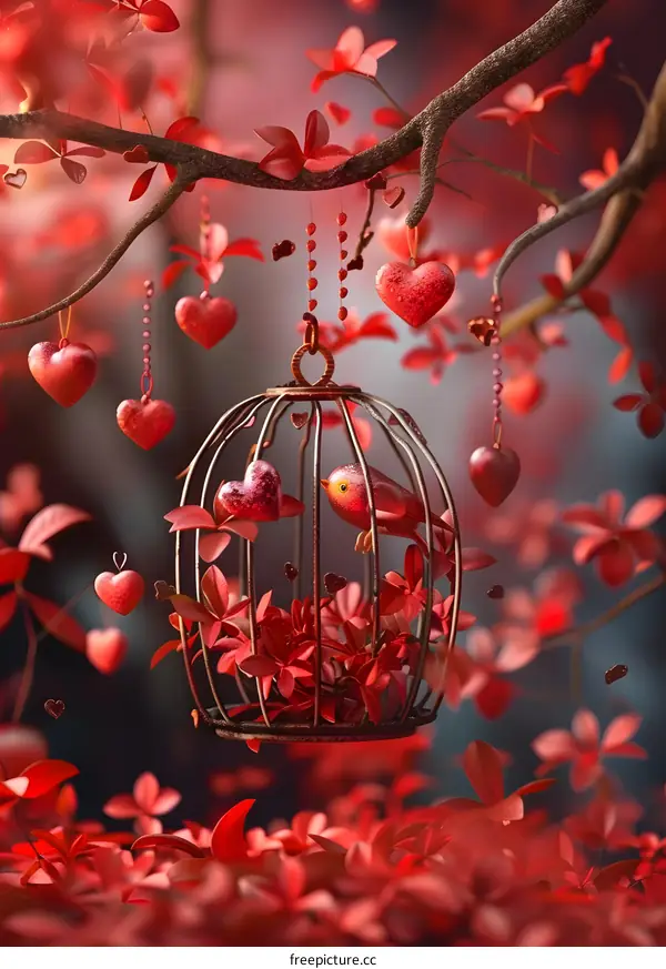 Love birds in a cage with red flowers and hearts