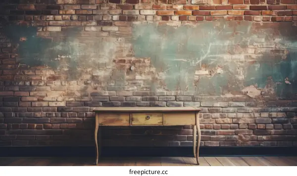Vintage wooden table in front of a brick wall