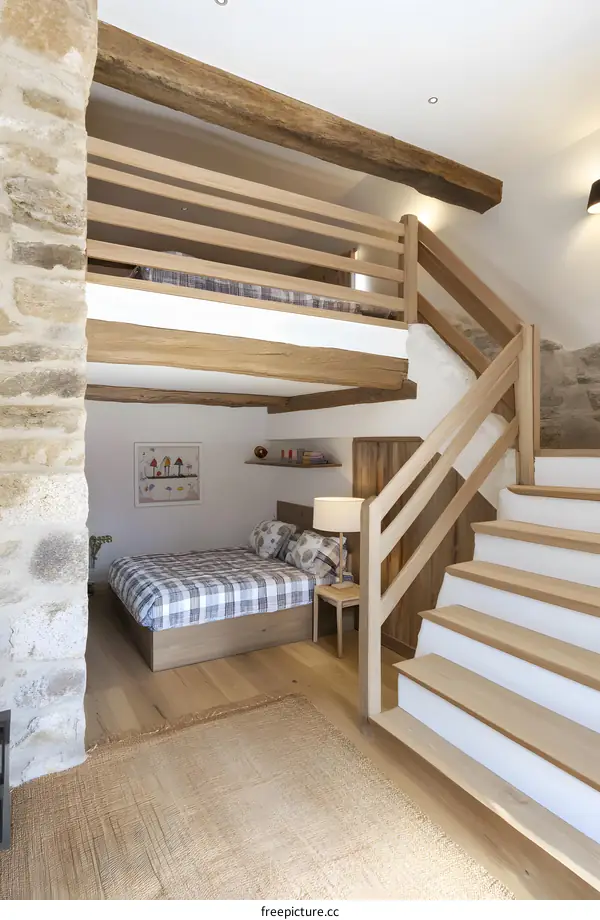 Rustic Wooden Loft Bedroom with Stone Wall and Staircase
