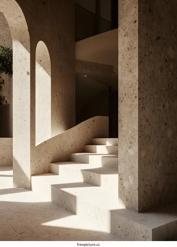 Modern Architectural Design with Concrete Stairs and Arched Windows