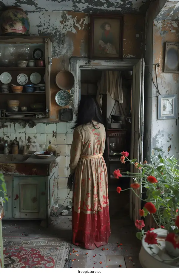 A woman standing in a kitchen with a retro style