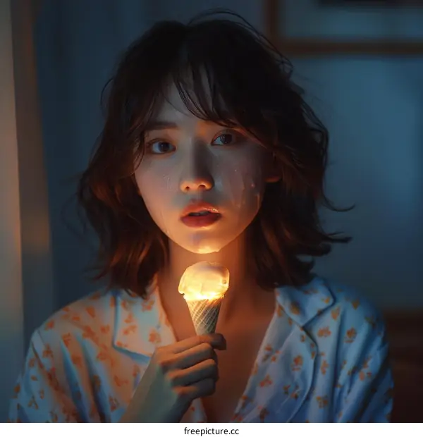 Woman Holding a Glowing Ice Cream Cone in Hand