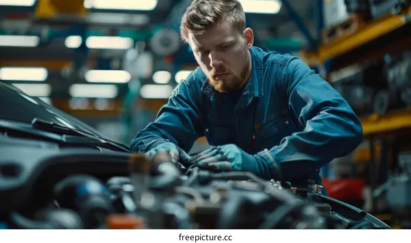 A mechanic is working on a car engine.