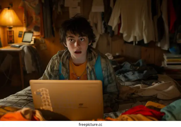 A boy looking at his laptop in a messy room