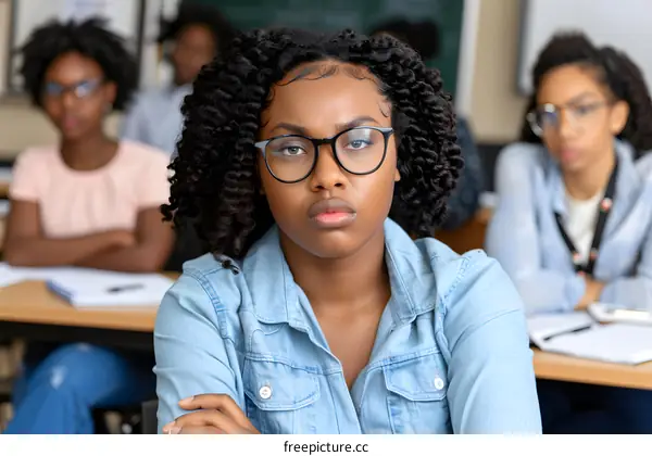 African American Female Student Looking at Camera Serious in Class