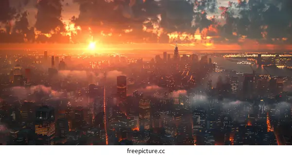 Fiery Sunset Over a Futuristic Cityscape