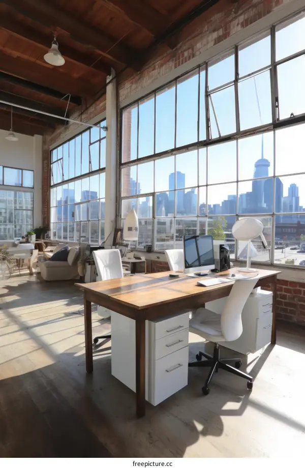 Office interior with panoramic windows and an inspiring city view