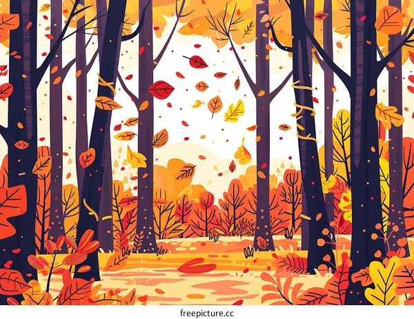 Autumn Forest With Falling Leaves Illustration