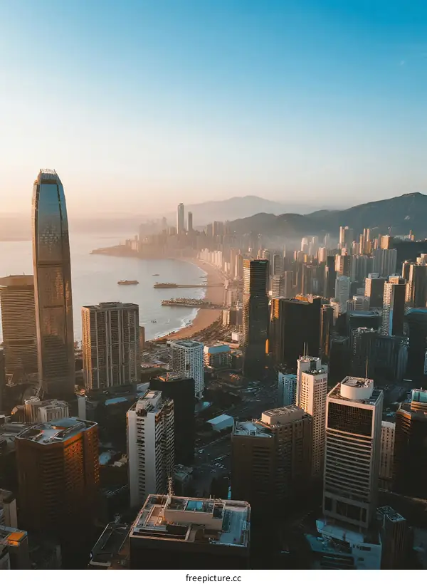 Aerial View of Modern Skyscrapers Overlooking Urban Bay