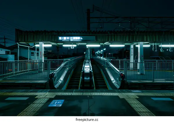 Night View of an Empty Train Station with Escalators