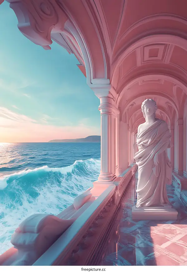 Pink Archway Balcony overlooking the Ocean with a Statue