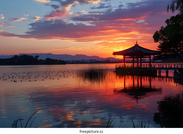Sunset over a Lake with a Pavilion and Birds