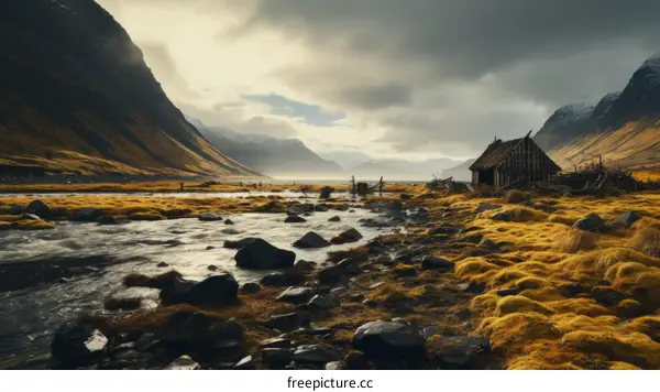 Thatched roof hut in a valley with mountains and river