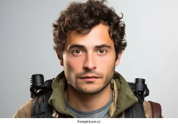 Portrait of a young male hiker with curly hair and a backpack