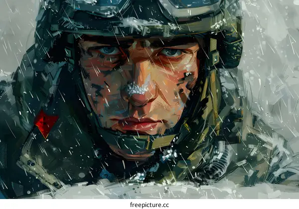 Portrait of a soldier wearing a military helmet and a red scarf