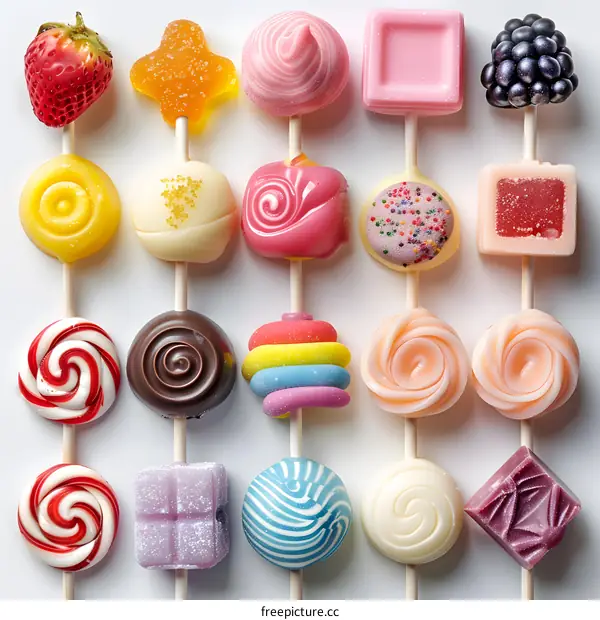 Colorful lollipops and hard candies on white background. Top view. Directly above.