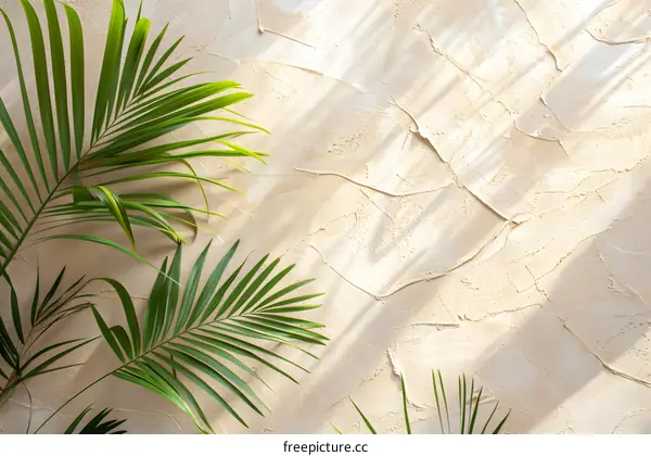 Tropical Palm Leaves On Beige Wall With Light