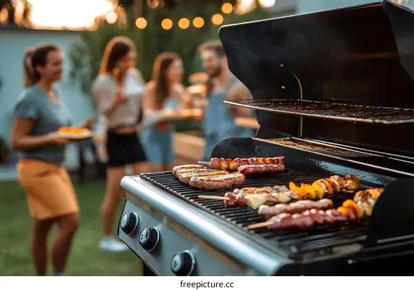 Grilling food on a gas grill in the backyard