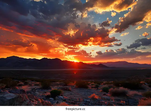 Dramatic Desert Sunset with Mountains in the Distance