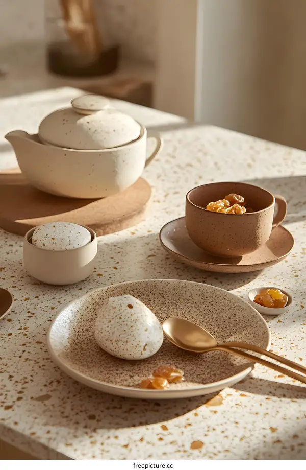 White and Brown Speckled Ceramic Teapot and Cups on a Table