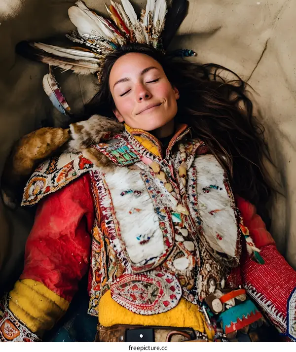 Woman Wearing Traditional Indigenous Clothing With Feathers