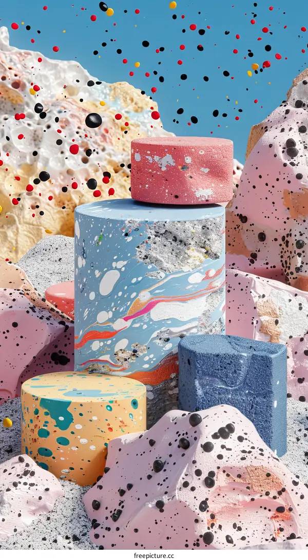 Abstract 3D Terrain with Colorful Paint Splatter