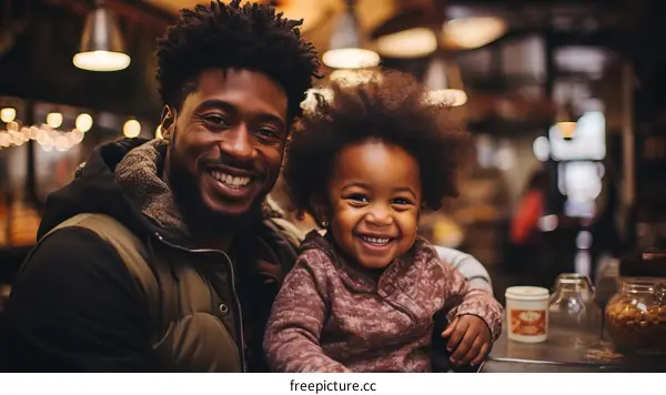 Happy black father and daughter smiling together in a restaurant