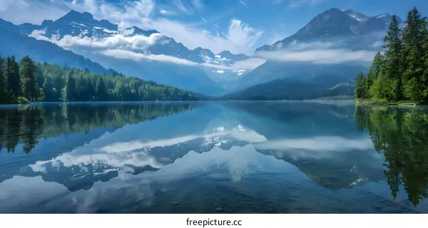 Mountain Lake Reflection with Blue Sky and Clouds