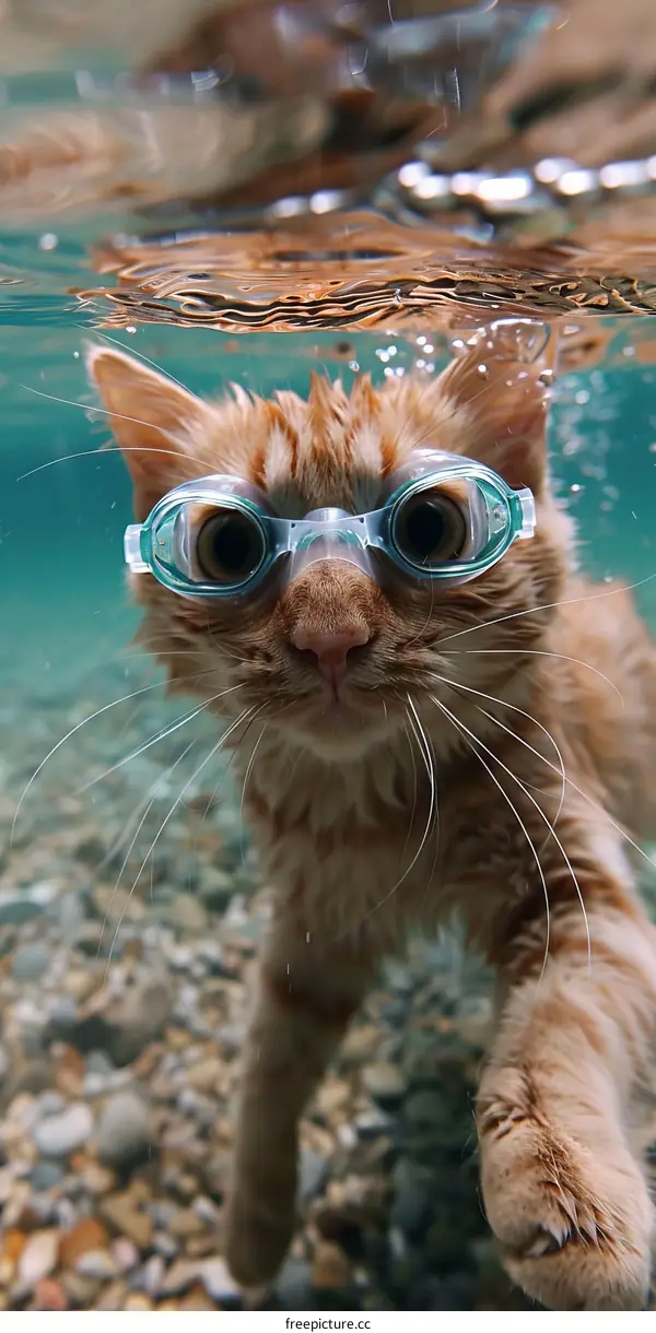 Cat wearing swimming goggles while swimming underwater