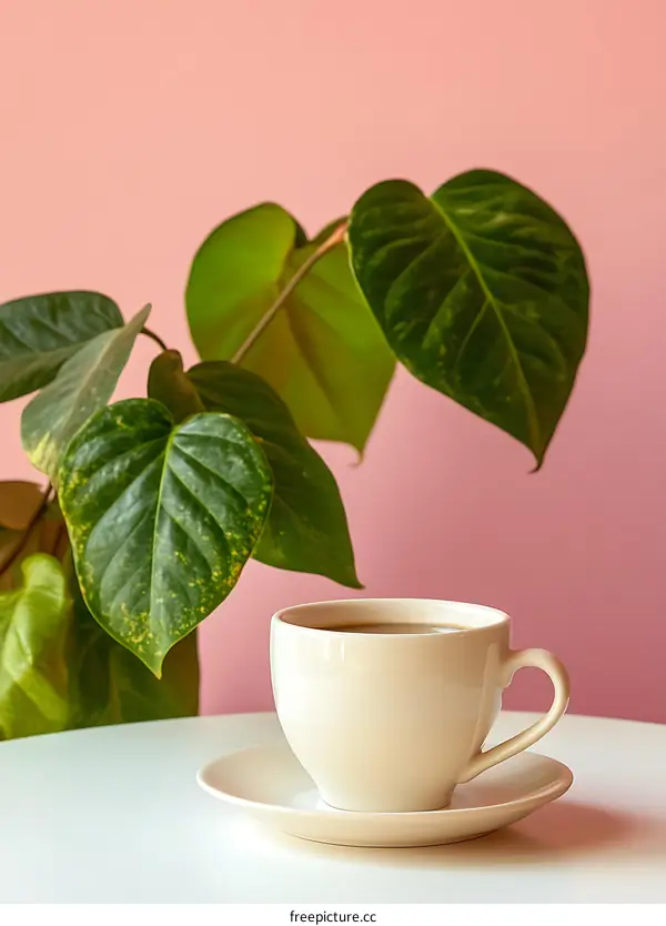 Coffee Cup with Green Plant on Pink Background